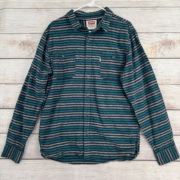 Levi's Linen Blend‎ Striped Button Down Shirt Men's Size Large Green/Blue/Black - Picture 1 of 13